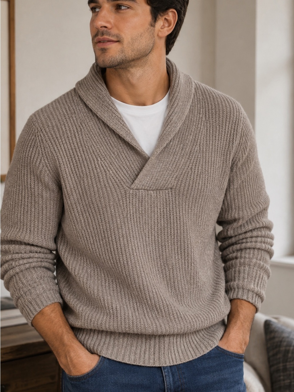 Talbots Shawl Collar Ribbed Knit Sweater - Taupe